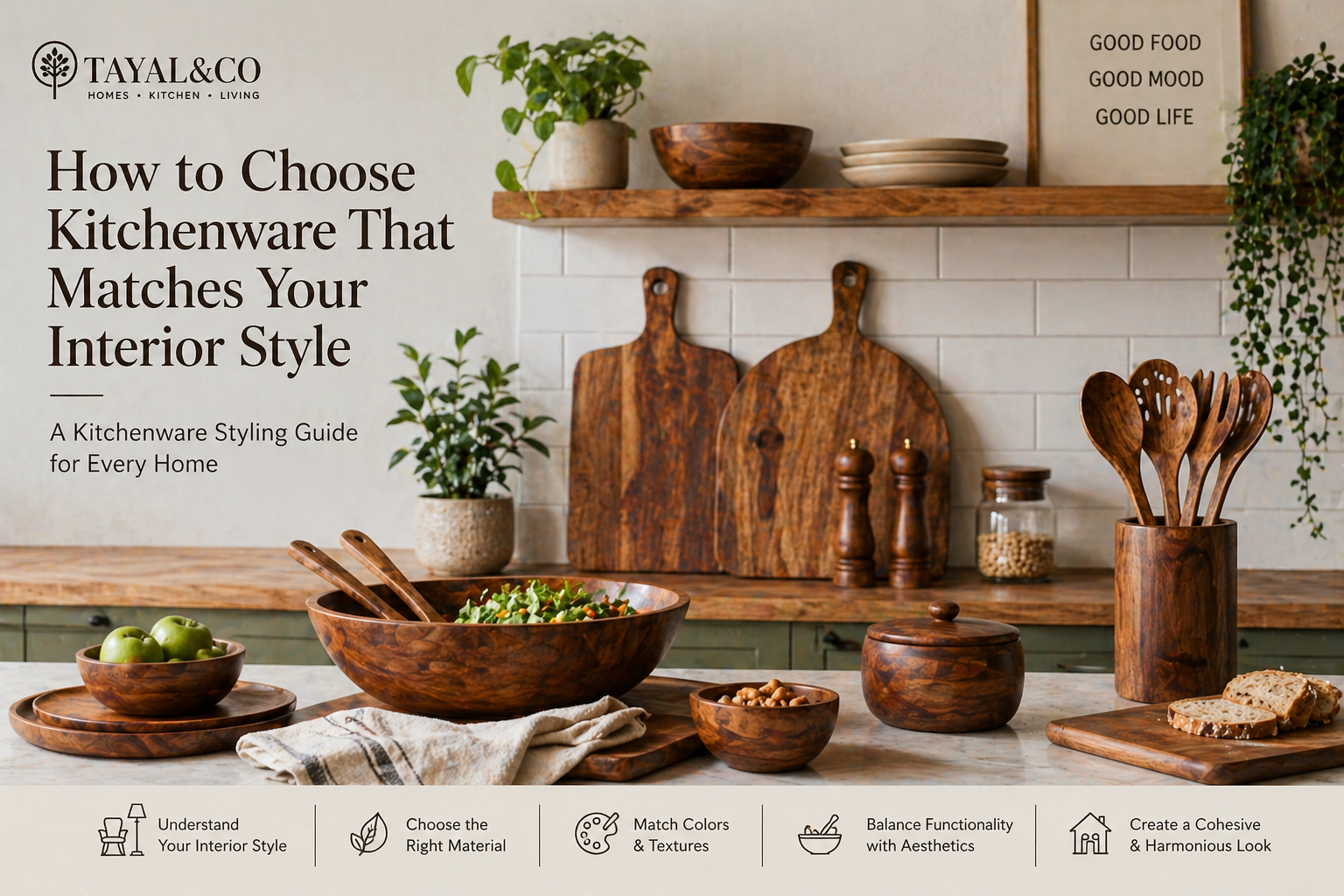 Tayal&amp;Co wooden kitchenware styled in a modern kitchen interior, featuring bowls, cutting boards, and utensils that match home decor aesthetics