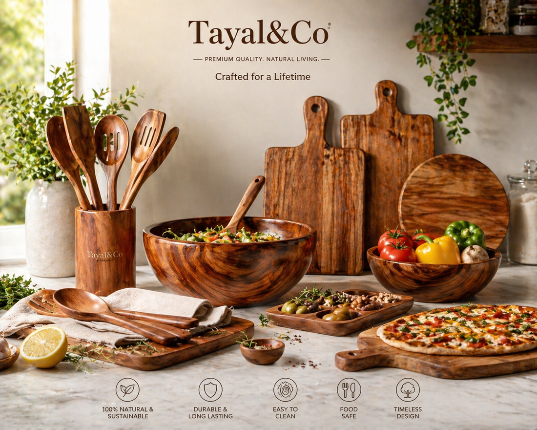 High-quality wooden kitchenware by Tayal&amp;Co displayed in a modern kitchen, featuring smooth-finished bowls, spoons, and utensils showcasing craftsmanship and durability