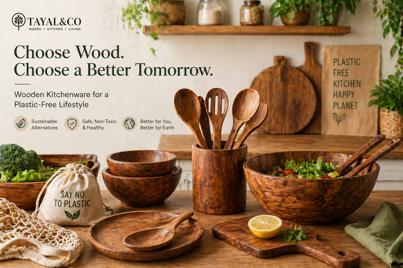 “Tayal&amp;Co wooden kitchenware arranged in a modern plastic-free kitchen setup, featuring eco-friendly bowls, spoons, and cutting boards with natural finish