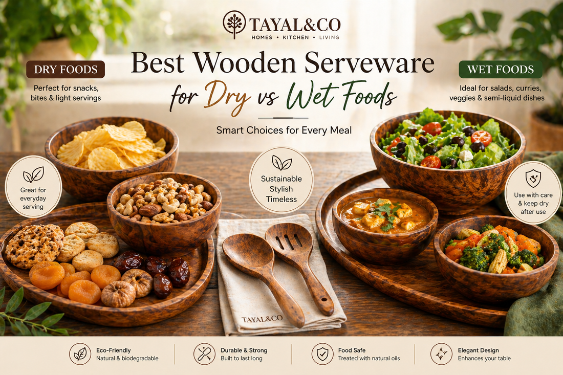 Tayal&amp;Co wooden serveware including bowls, platters, and spoons styled with dry snacks and fresh salads on a modern dining table
