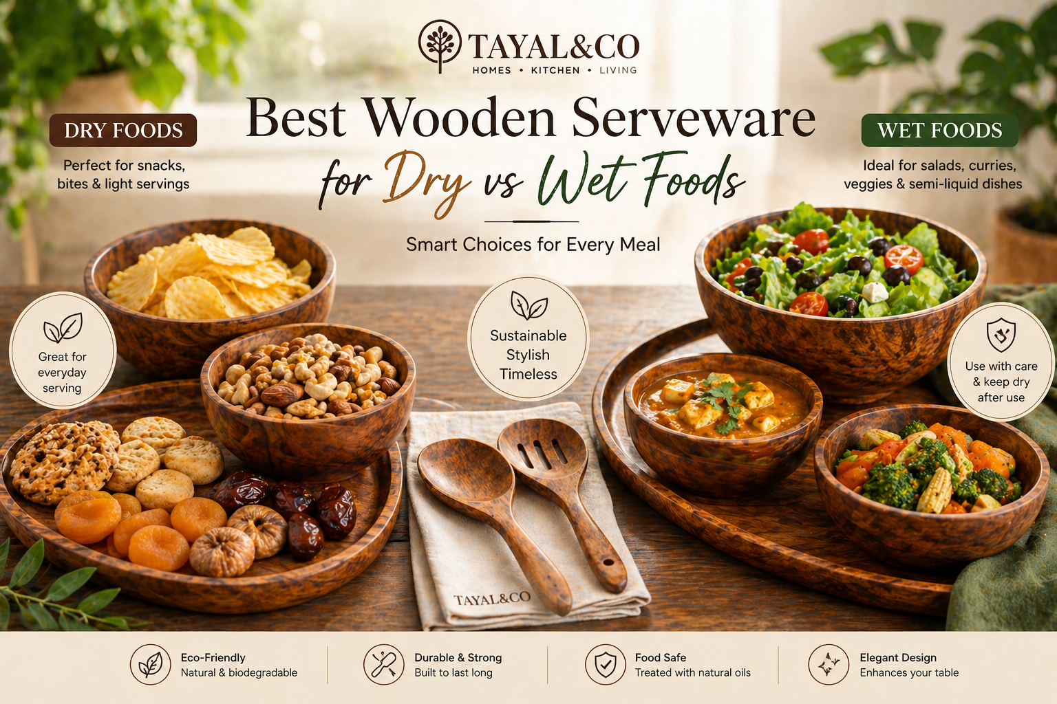 Tayal&amp;Co wooden serveware including bowls, platters, and spoons styled with dry snacks and fresh salads on a modern dining table