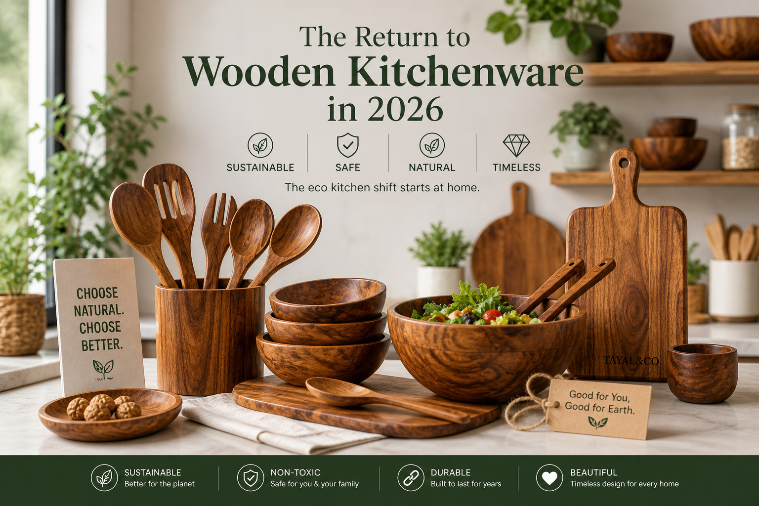 Tayal&amp;Co wooden kitchenware displayed in a modern eco-friendly kitchen, featuring bowls, spoons, and cutting boards highlighting the 2026 wooden kitchenware trend