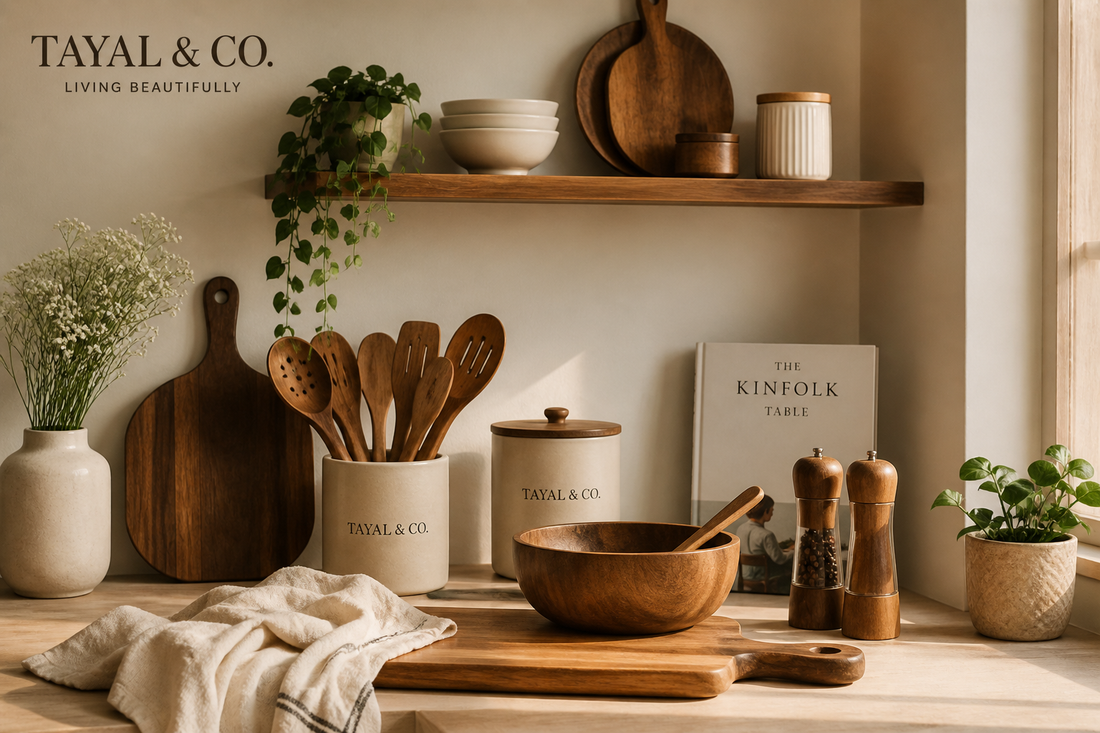 Minimal aesthetic kitchen featuring wooden kitchenware, neutral tones, and curated décor reflecting a premium lifestyle brand like Tayal&amp;Co.