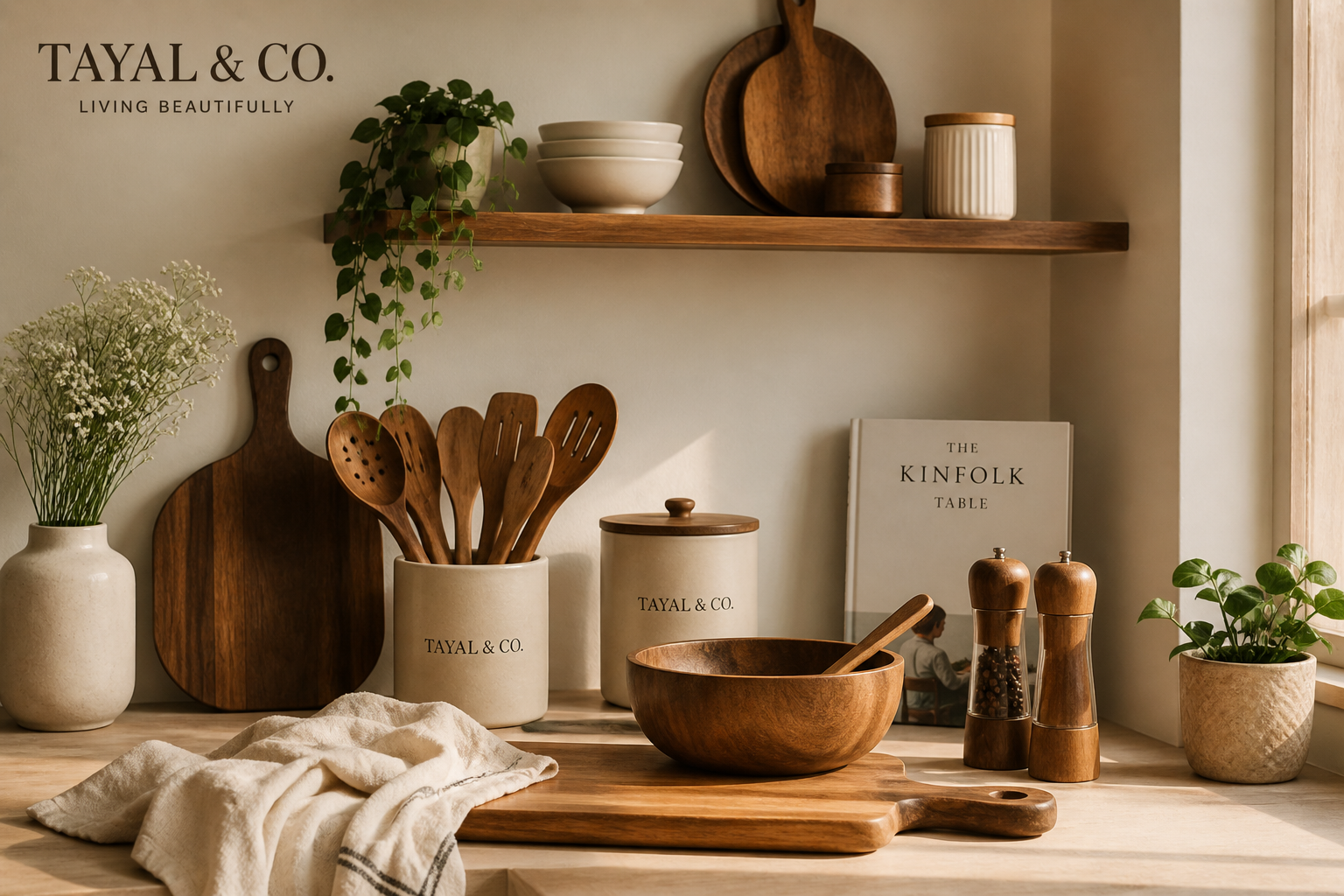 Minimal aesthetic kitchen featuring wooden kitchenware, neutral tones, and curated décor reflecting a premium lifestyle brand like Tayal&amp;Co.