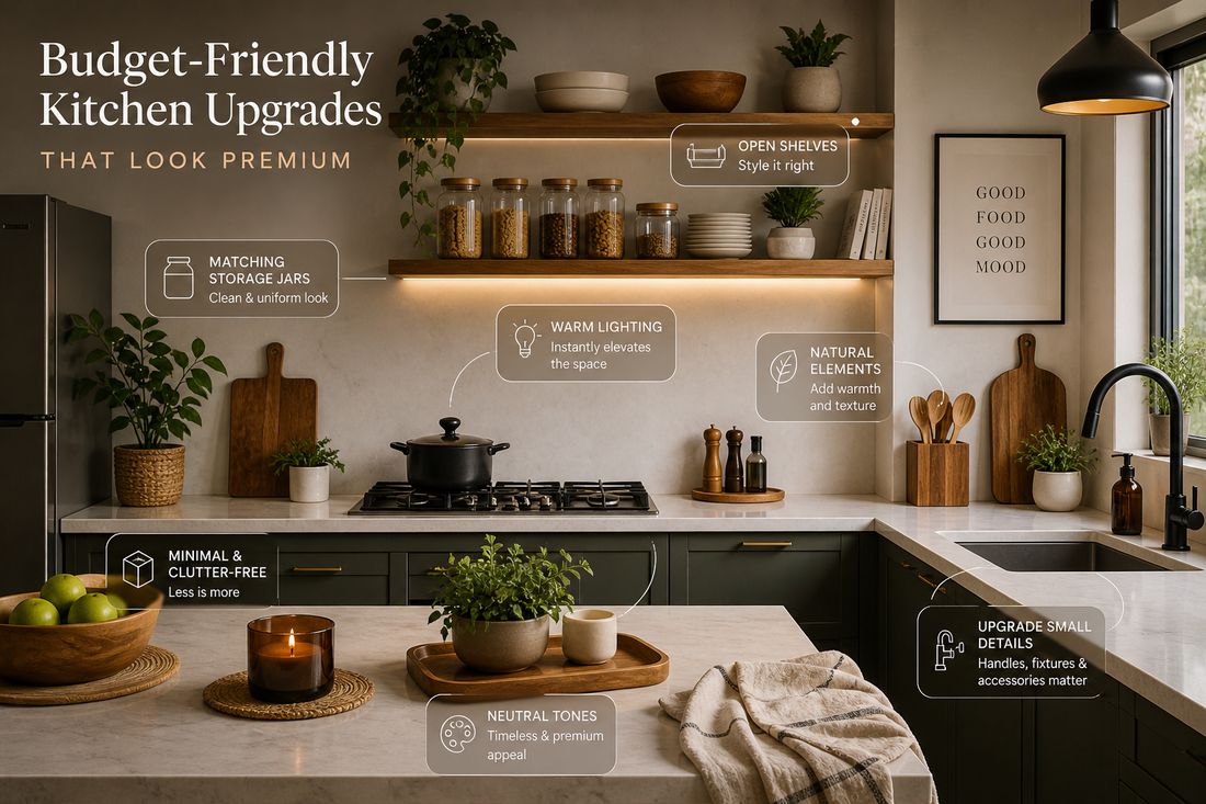 Modern aesthetic kitchen with wooden kitchenware, glass storage jars, warm lighting, and minimal décor creating a premium look on a budget.