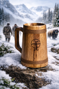 Handcrafted wooden beer mug with natural wood grain, rustic design and jute detailing, premium drinkware for beer lovers