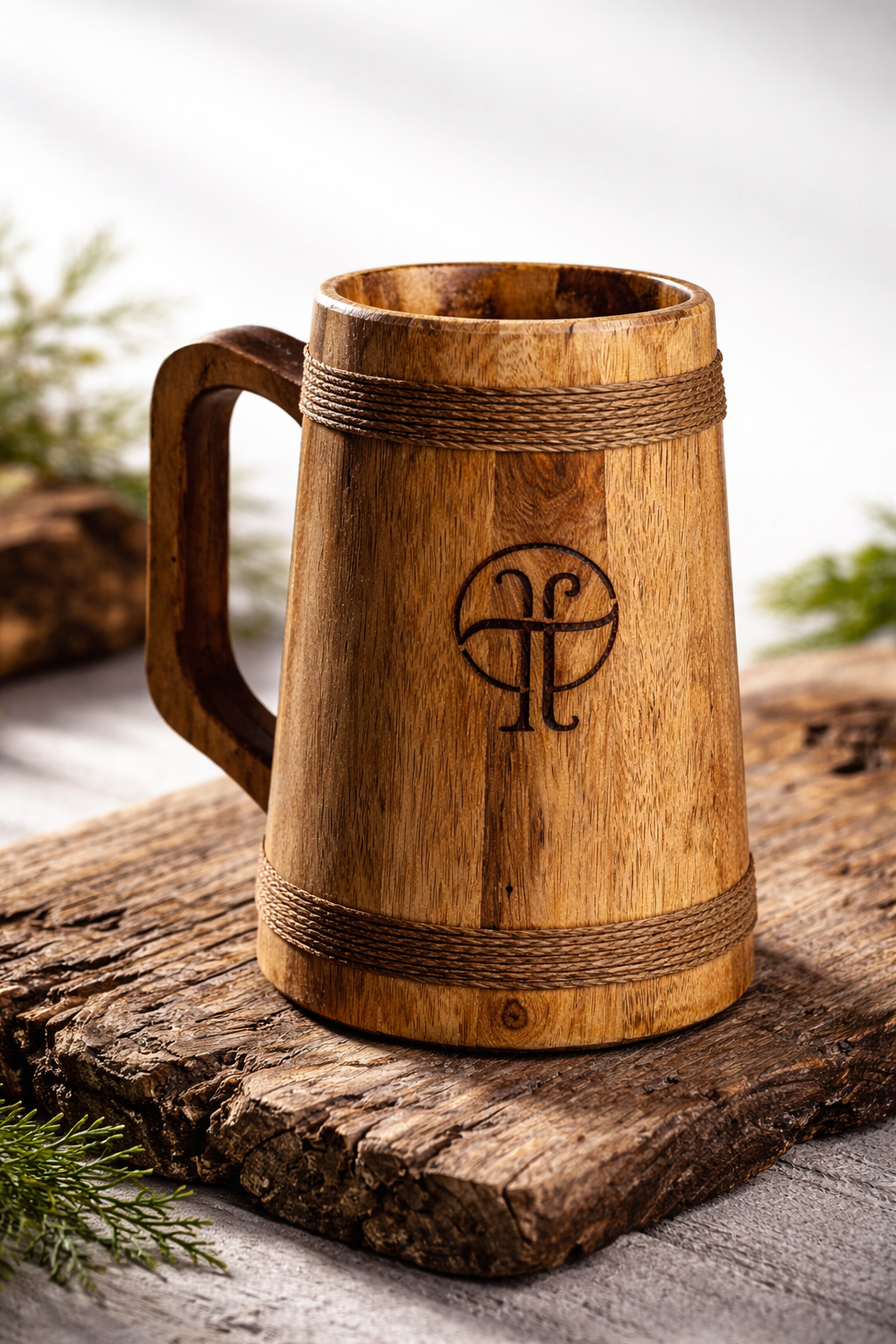 Handcrafted wooden beer mug with natural wood grain, rustic design and jute detailing, premium drinkware for beer lovers