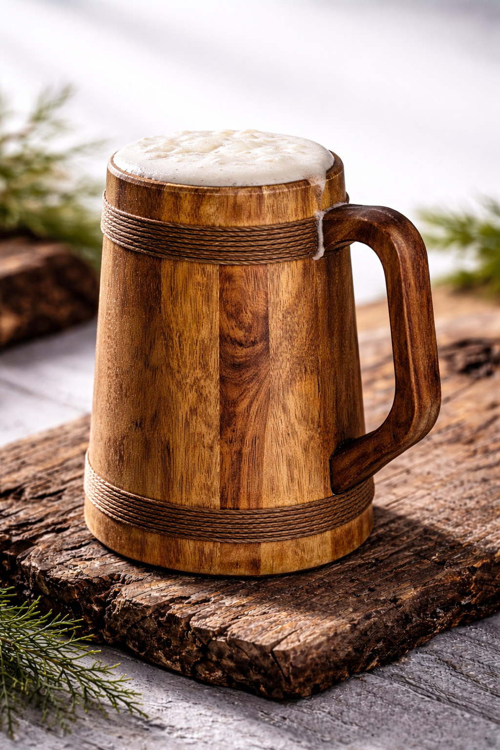 Handcrafted wooden beer mug with natural wood grain, rustic design and jute detailing, premium drinkware for beer lovers