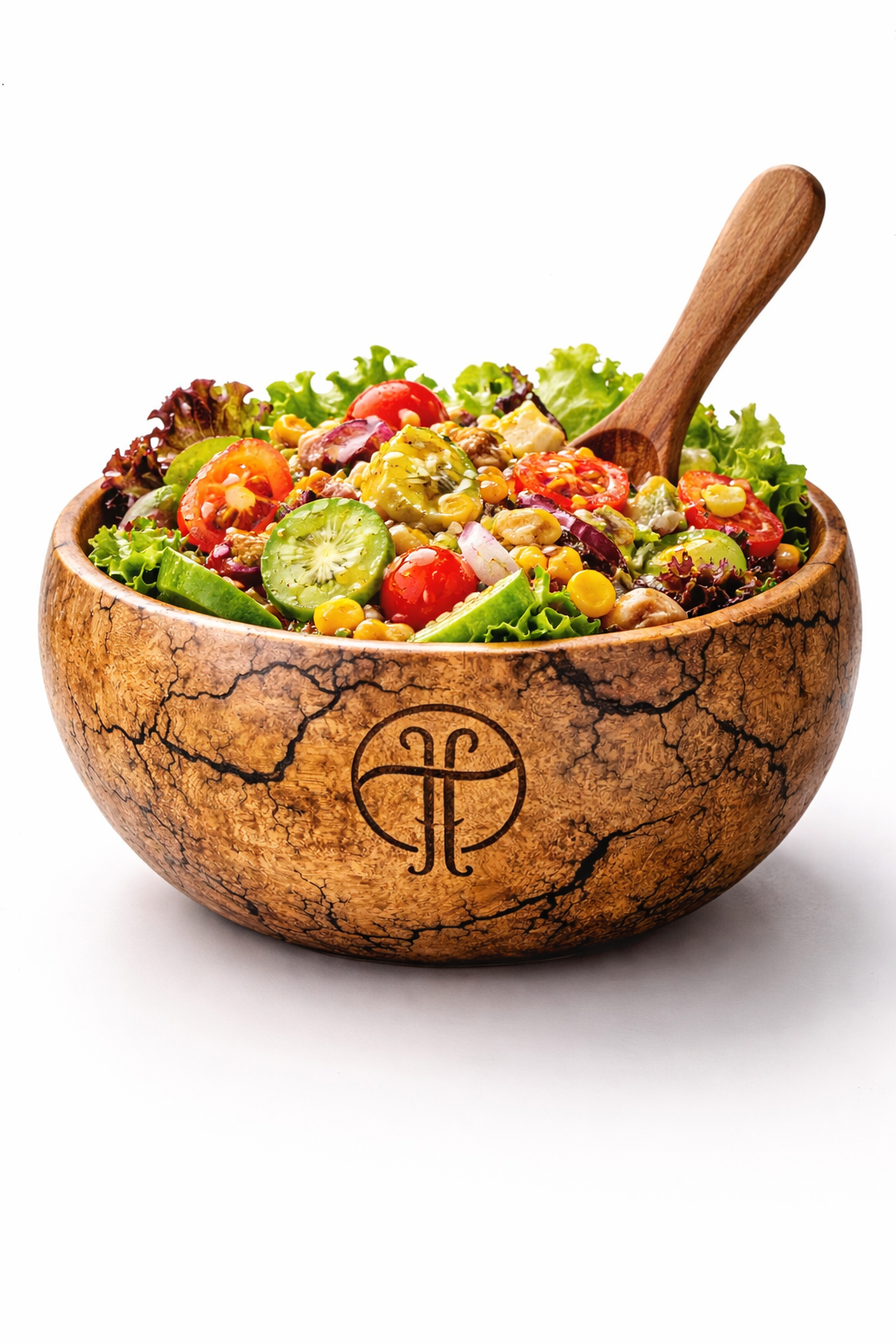 Handcrafted wooden salad bowl with burnt design pattern, natural grain finish and premium serving bowl for elegant dining