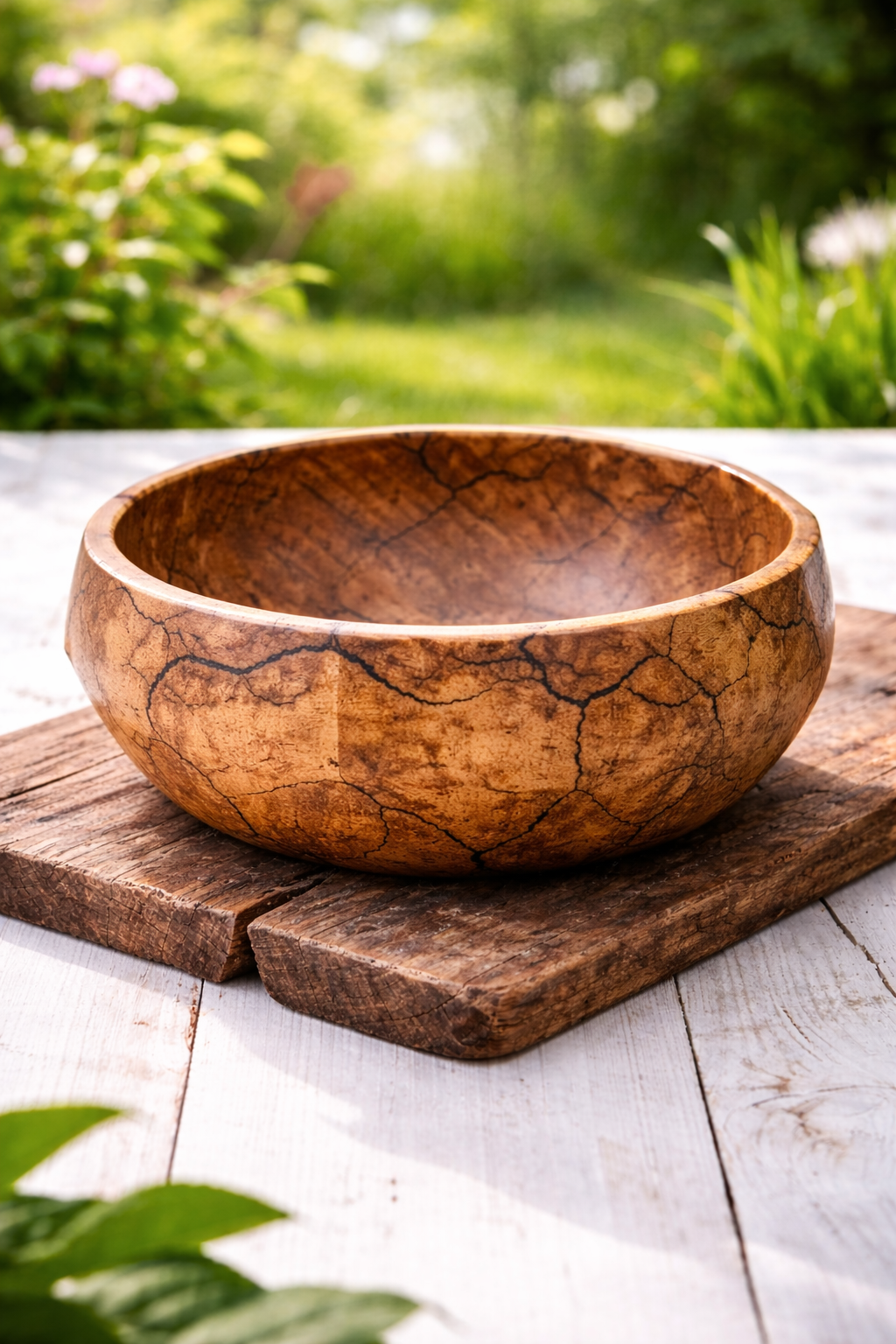 Handcrafted wooden salad bowl with burnt design pattern, natural grain finish and premium serving bowl for elegant dining