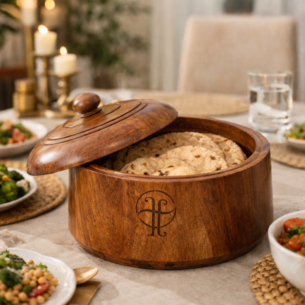 Wooden food container with lid on a table with food and decor