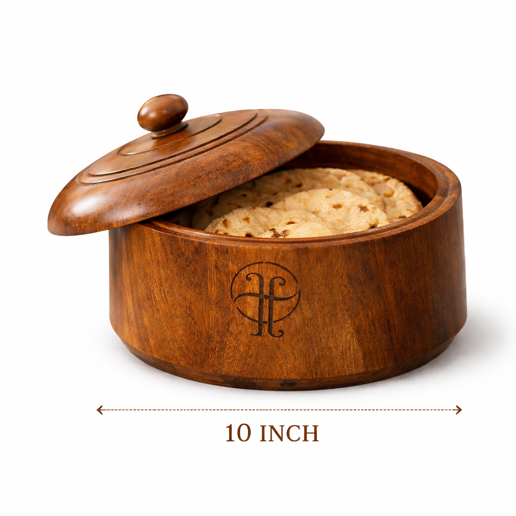 Wooden bread bin with lid containing bread, brand logo visible, on a white background