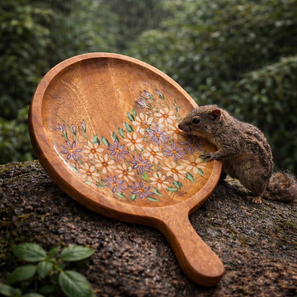 Sheesham Wood Pizza Serving Board with Handle | Handcrafted Wooden Pizza Plate | Floral Design Serving Tray