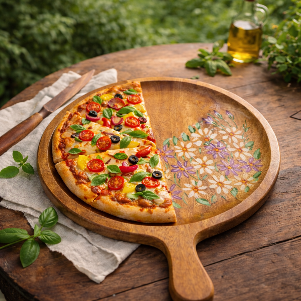 Sheesham Wood Pizza Serving Board with Handle | Handcrafted Wooden Pizza Plate | Floral Design Serving Tray