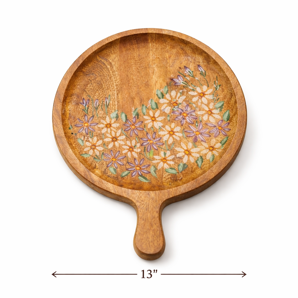 Sheesham Wood Pizza Serving Board with Handle | Handcrafted Wooden Pizza Plate | Floral Design Serving Tray
