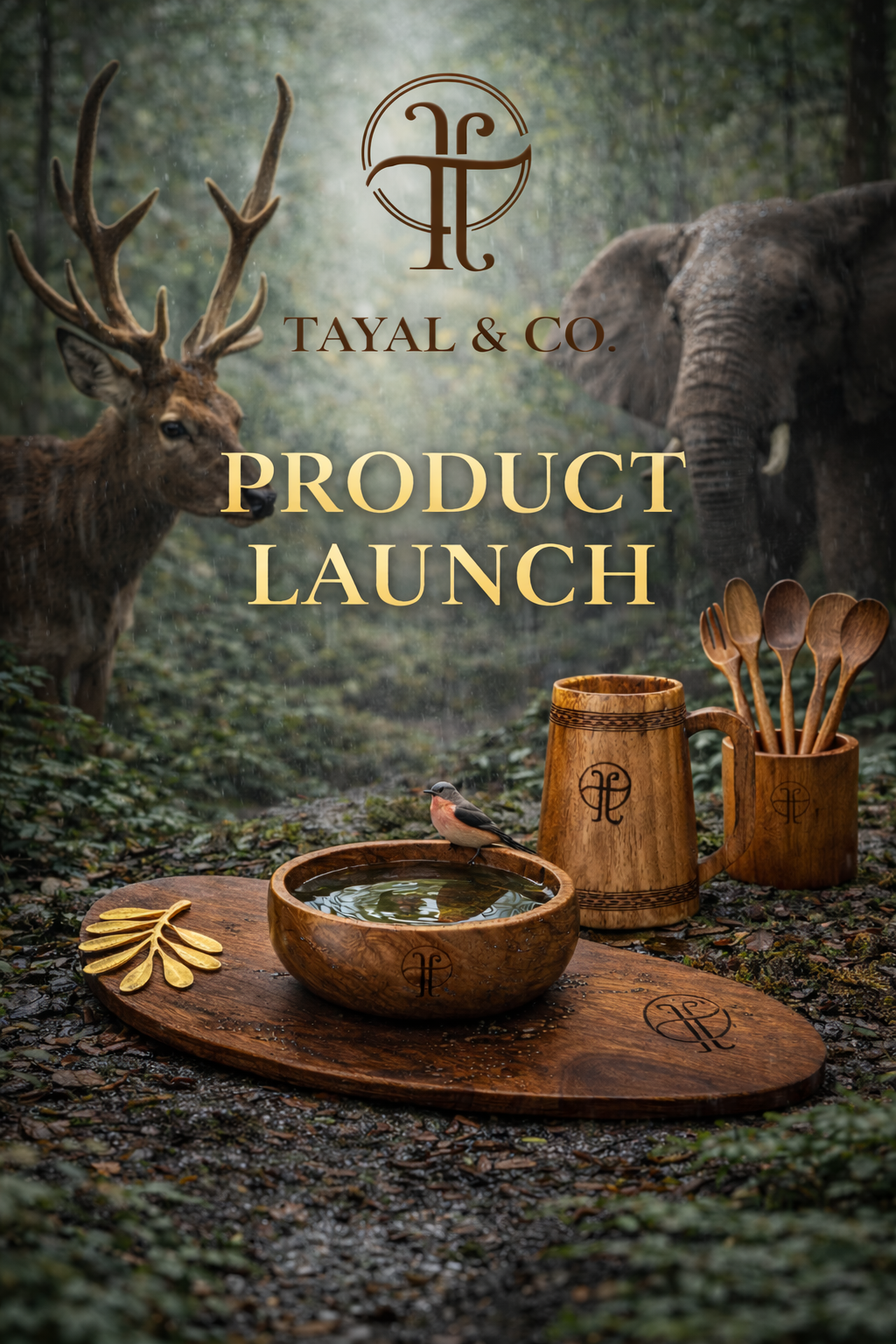 Product launch announcement with wooden items and animals in a forest setting, featuring the brand 'Tayal & Co'.