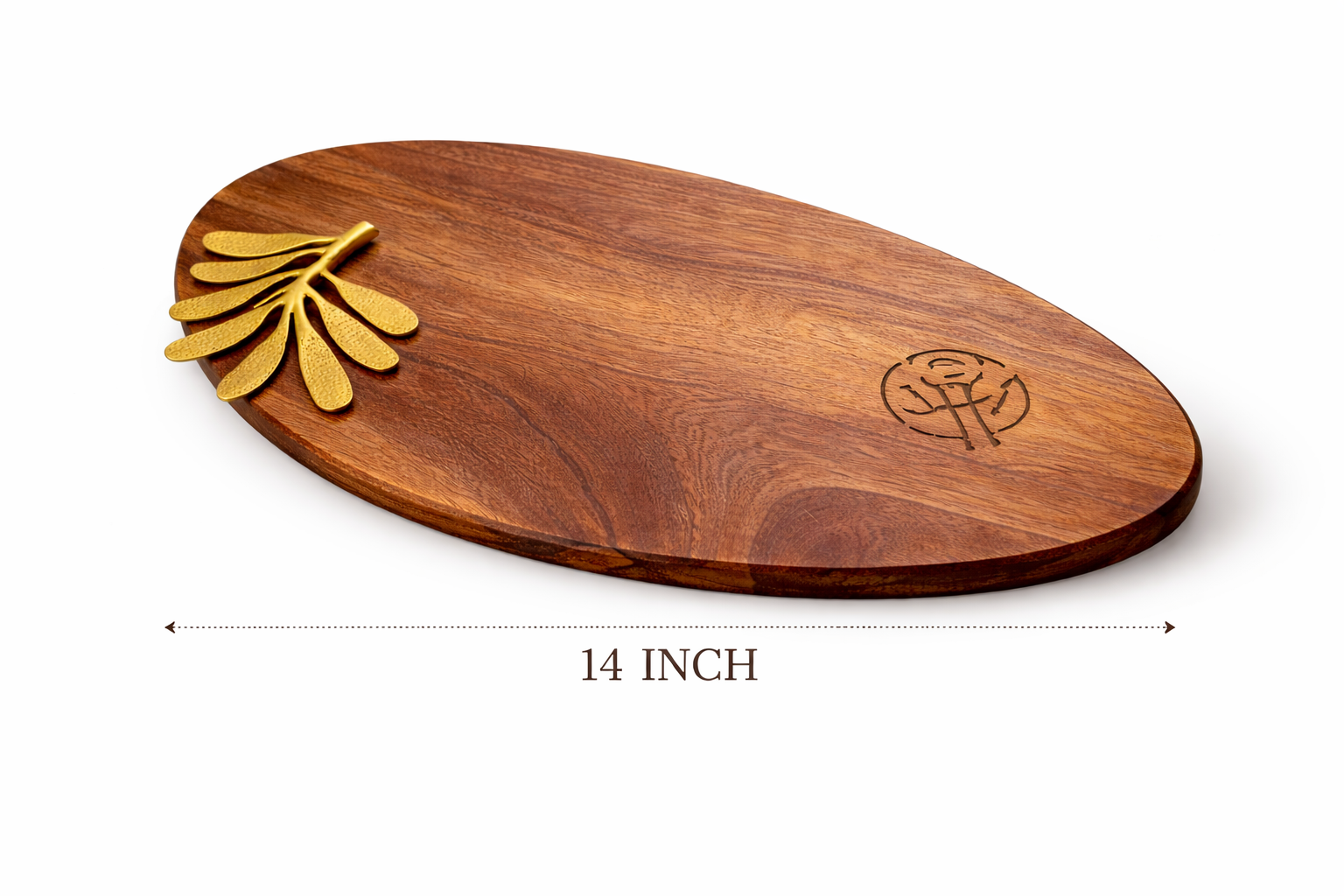 Large Sheesham Wood Serving Tray (14 Inch) with Brass Handle | Handcrafted Wooden Platter for Dining & Decor