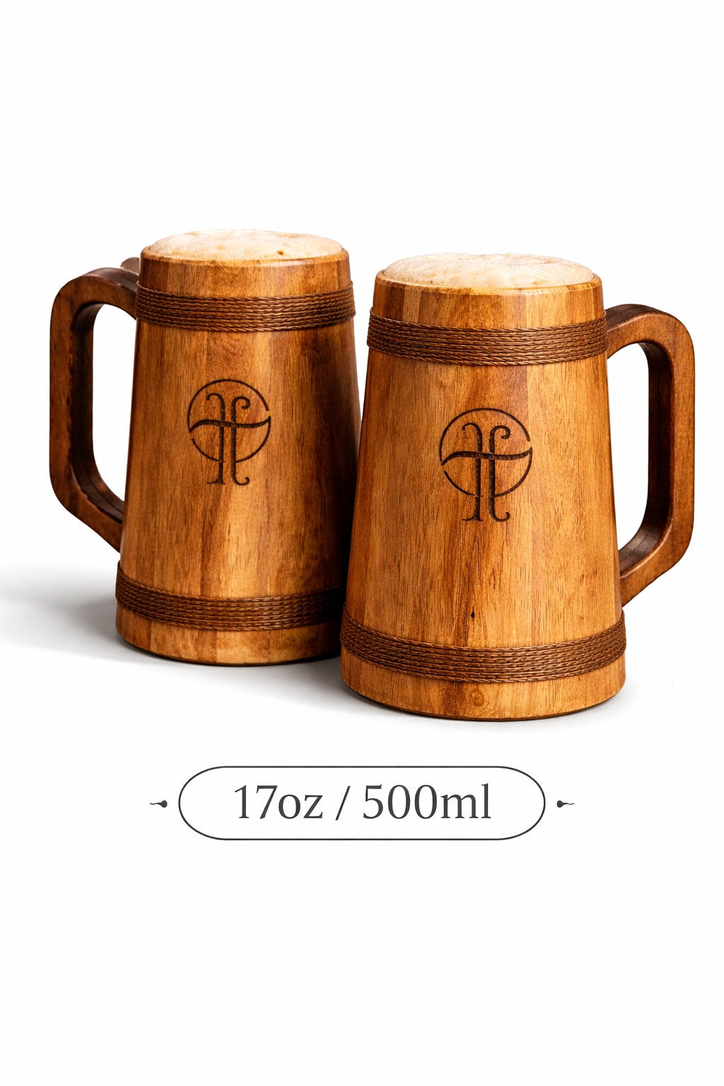 Handcrafted Sheesham Wood Beer Mugs Set of 2 (500ml) with Premium Gift Box