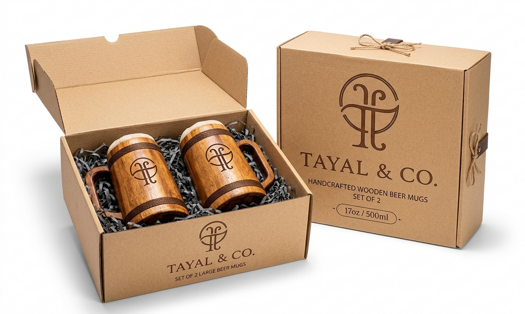 Handcrafted Sheesham Wood Beer Mugs Set of 2 (500ml) with Premium Gift Box