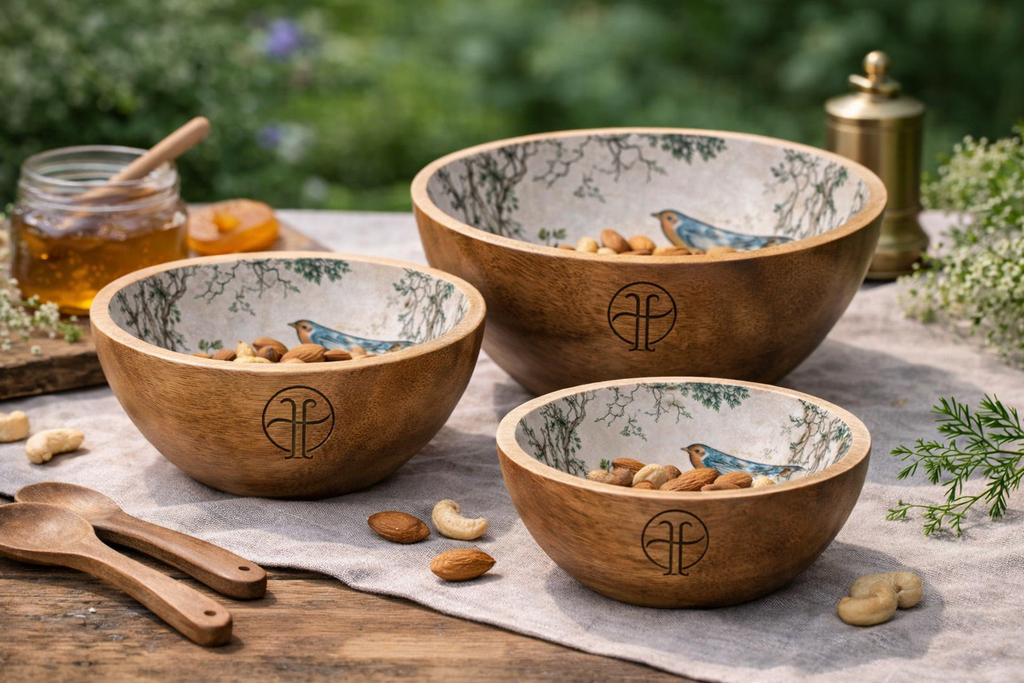 Set of wooden bowls with decorative patterns and branding on a rustic surface.