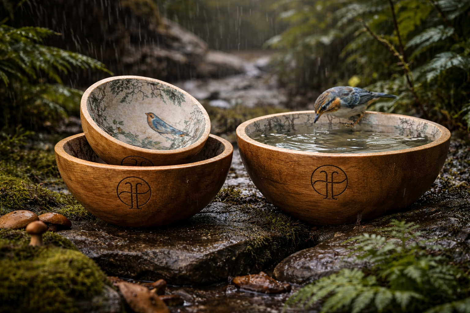 set of 3 wooden bowls with bird design inside bowl