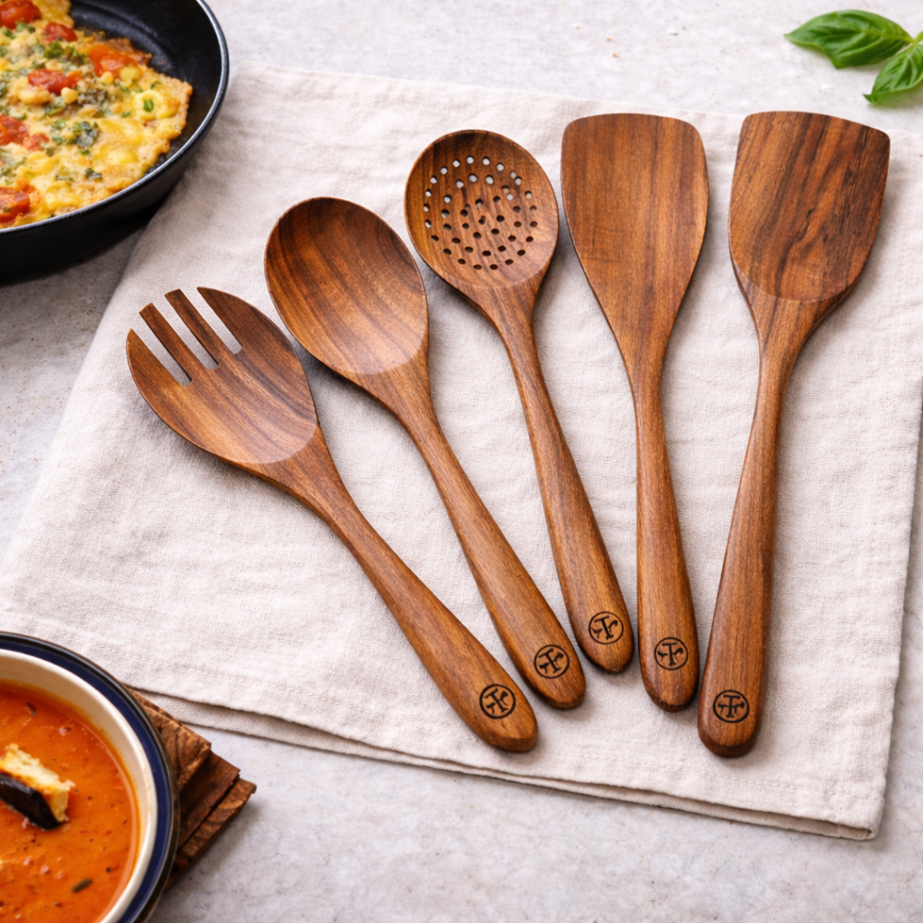 Premium Sheesham wood kitchen utensil set with holder, handcrafted wooden spatula and spoon set displayed in natural forest setting