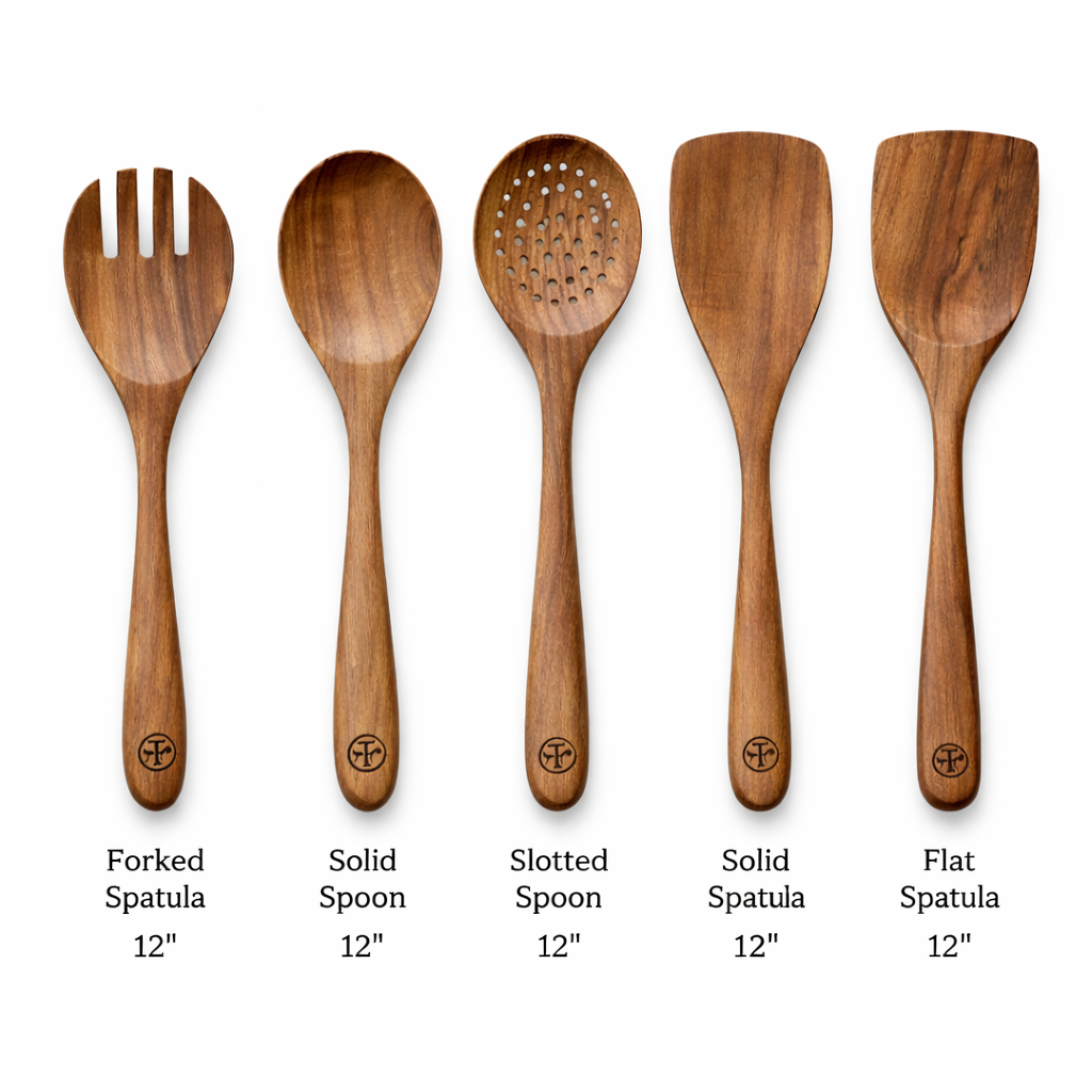 Premium Sheesham wood kitchen utensil set with holder, handcrafted wooden spatula and spoon set displayed in natural forest setting