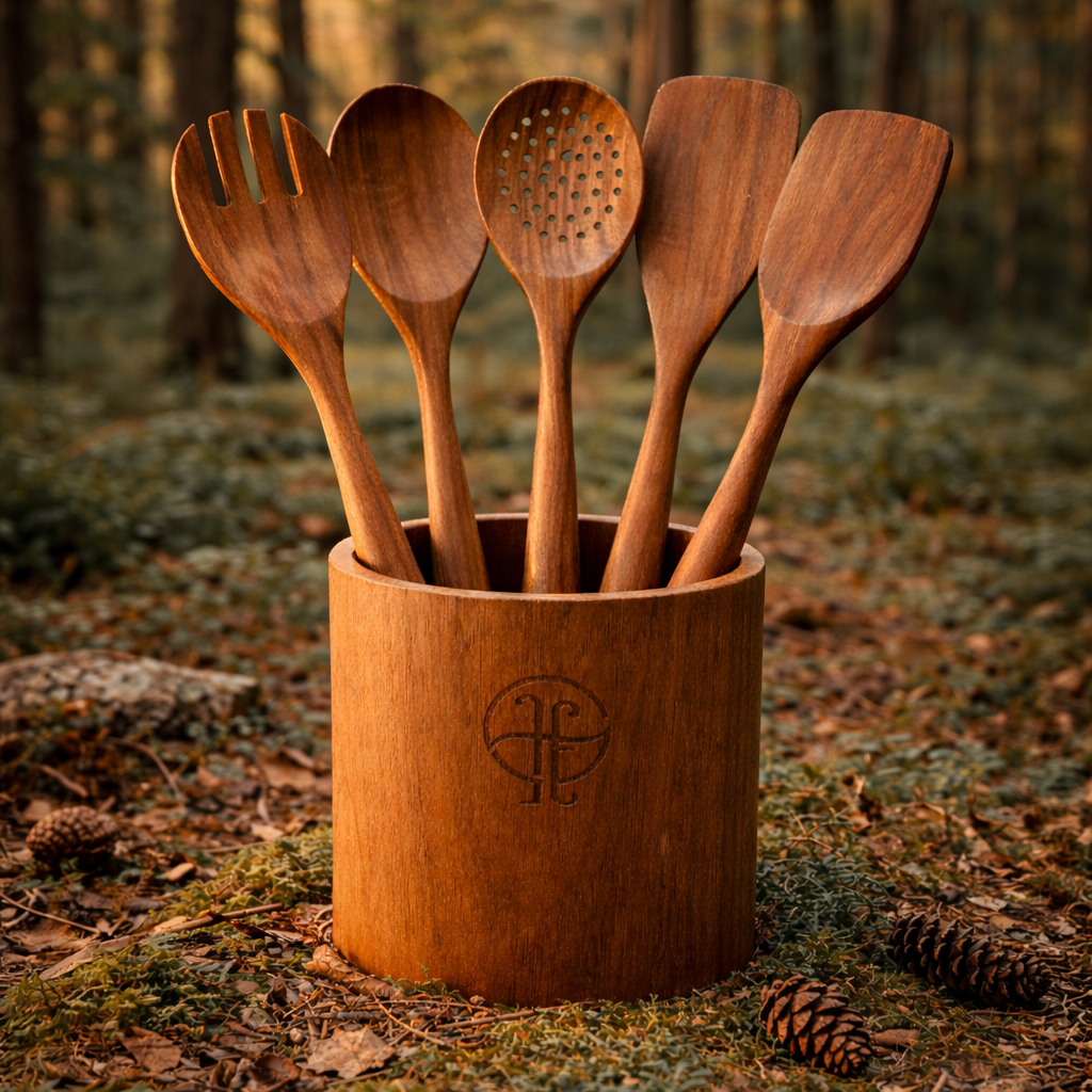 Premium Sheesham wood kitchen utensil set with holder, handcrafted wooden spatula and spoon set displayed in natural forest setting