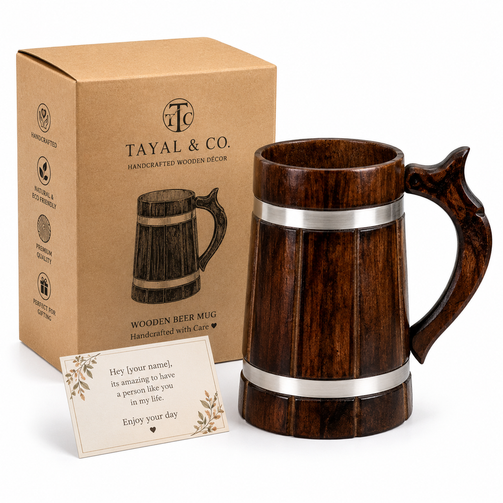 Premium Wooden Beer Mug – 400ml Handcrafted Barrel Tankard with Gift Packaging