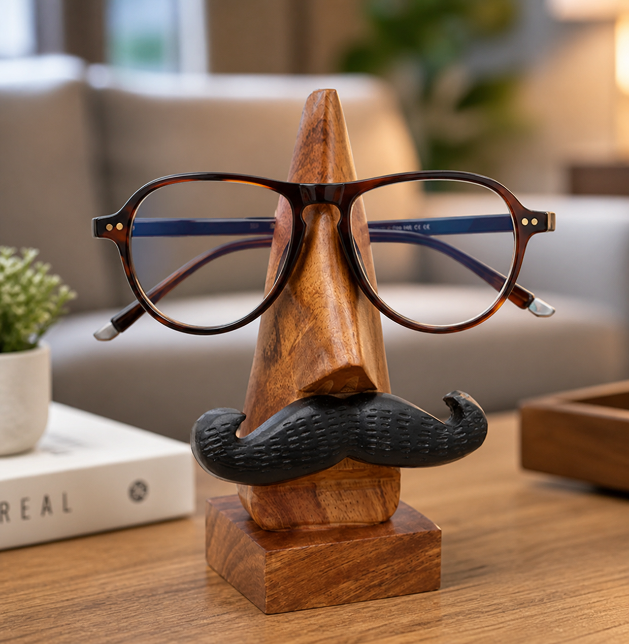 Wooden Spectacle Holder – Handcrafted Indian Rosewood Eyeglass Stand with Mustache Design