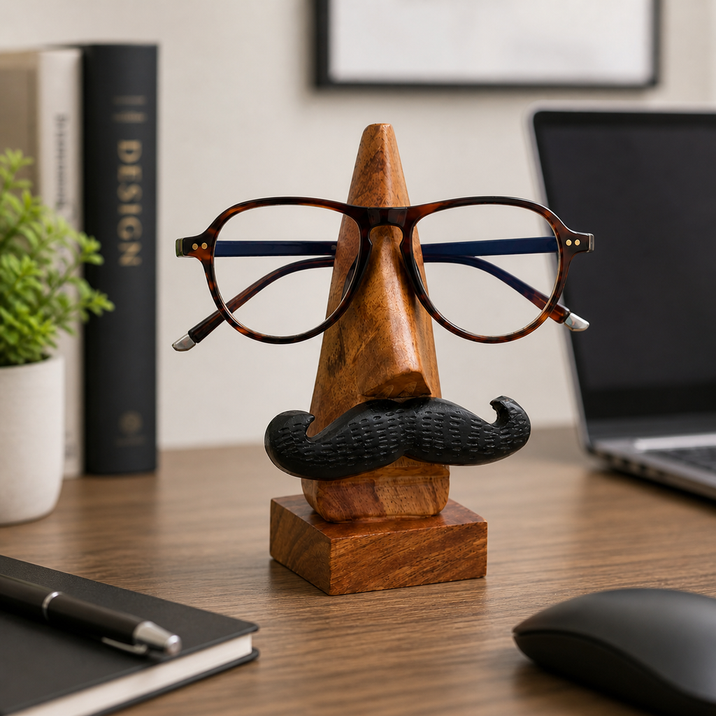 Wooden Spectacle Holder – Handcrafted Indian Rosewood Eyeglass Stand with Mustache Design
