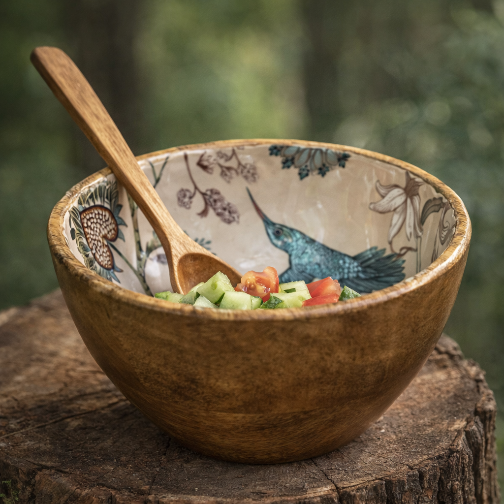 Decorative wooden bowl with floral patterns on a wooden surface, containing a salad.