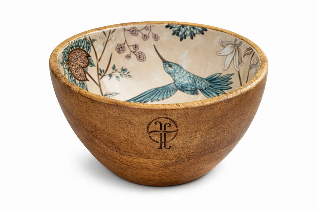 Wooden bowl with floral and bird design on a white background