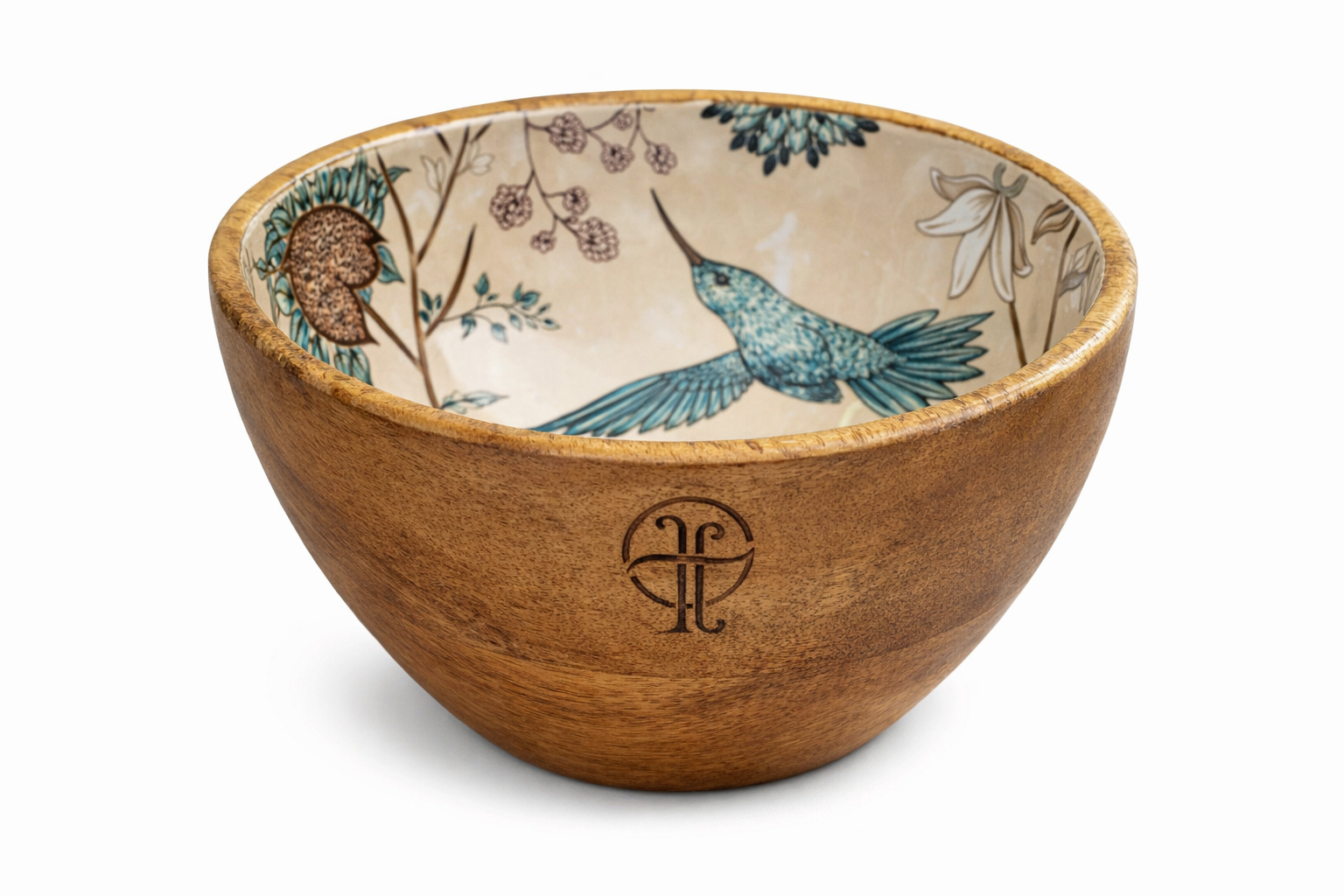 Wooden bowl with floral and bird design on a white background