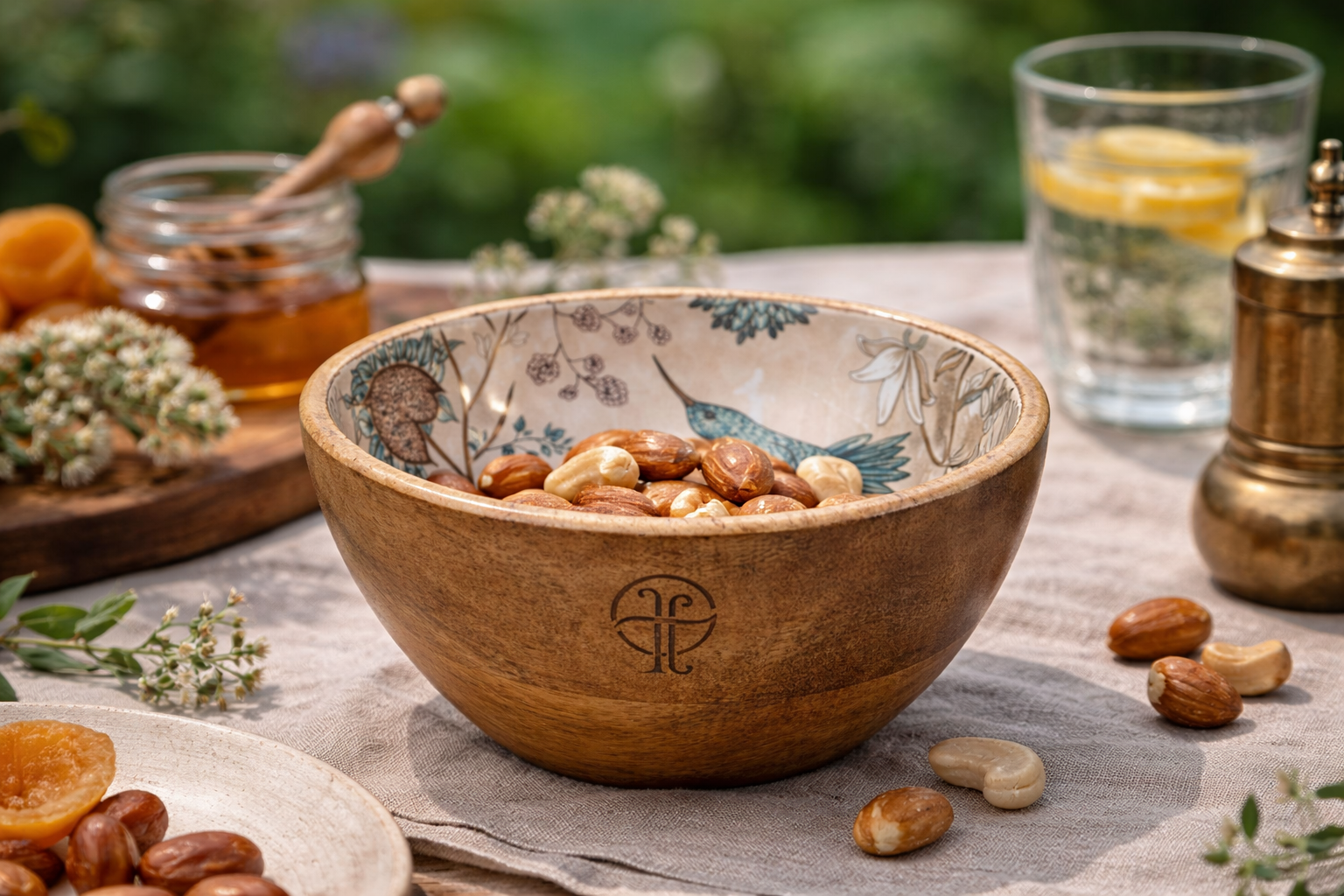 Wooden bowl with bird design with nuts on a table with a blurred natural background