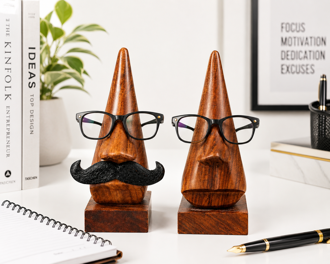 Wooden Couple Spectacle Holder Set | Handcrafted Eyeglass Stand Pair | Premium Rosewood Desk Organizer