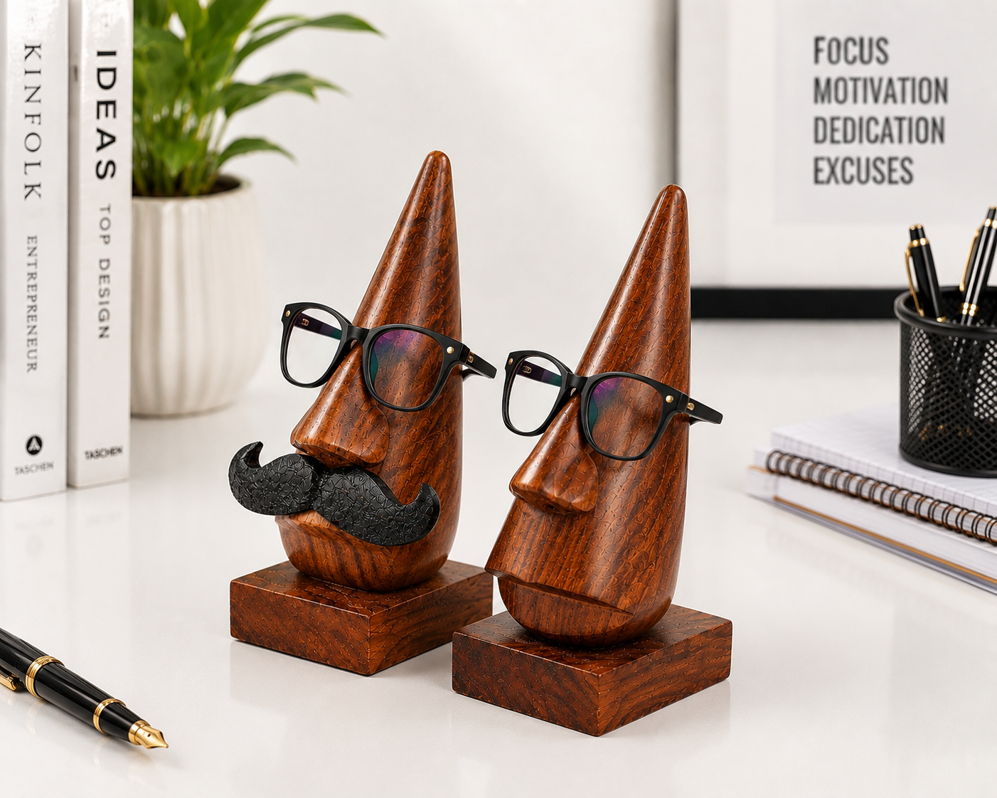 Wooden Couple Spectacle Holder Set | Handcrafted Eyeglass Stand Pair | Premium Rosewood Desk Organizer